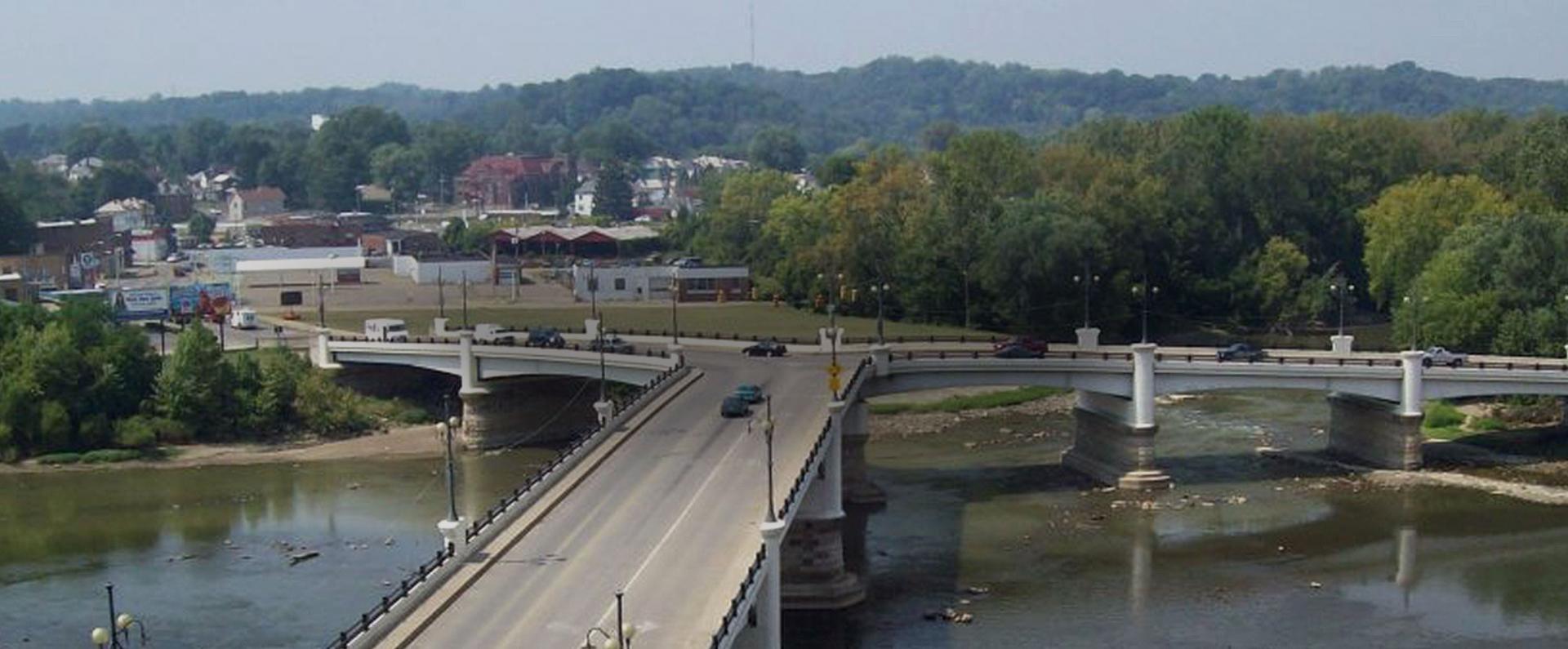 Aerial view of a bridge in Zanesville